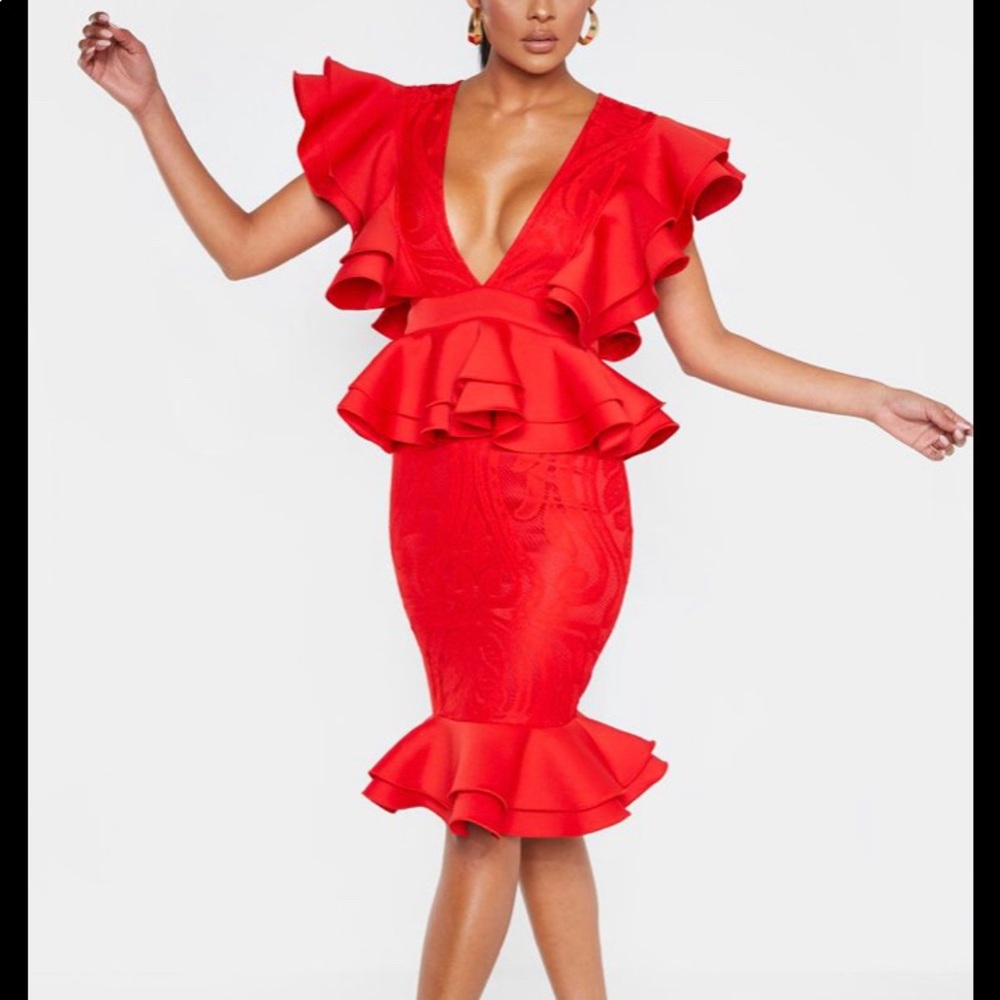 Pretty Little Thing ruffle detail plunge dress